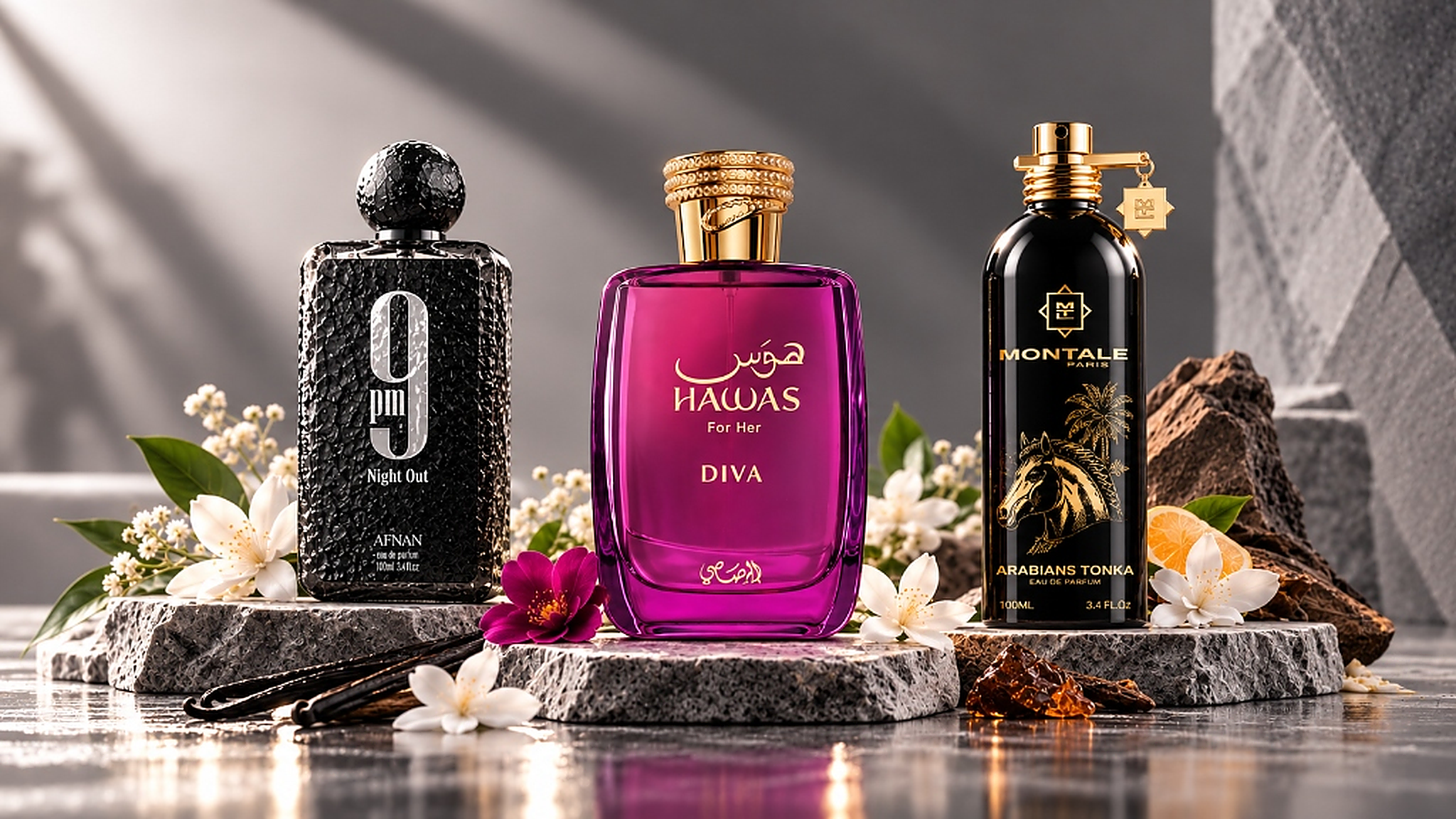 Trío de perfumes exclusivos: 9 PM Night Out, Hawas Diva y Montale Arabians Tonka