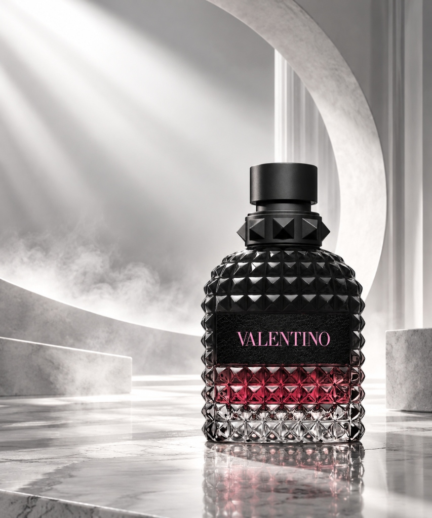 Perfume Valentino Born in Roma sobre mármol y arquitectura de arcos luminosos
